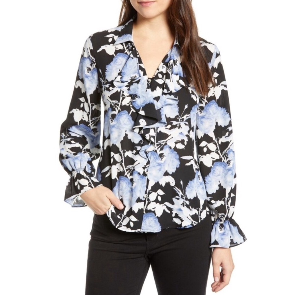 NWT Karl Lagerfeld Floral Ruffle Blouse Pearls